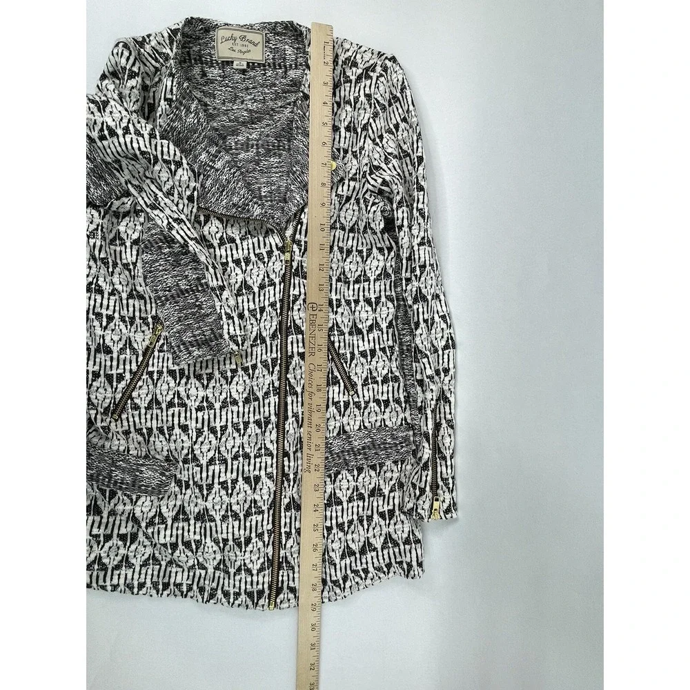 Lucky Brand Marnie Knit Moto Jacket Womens Small Black White Geometric Aztec